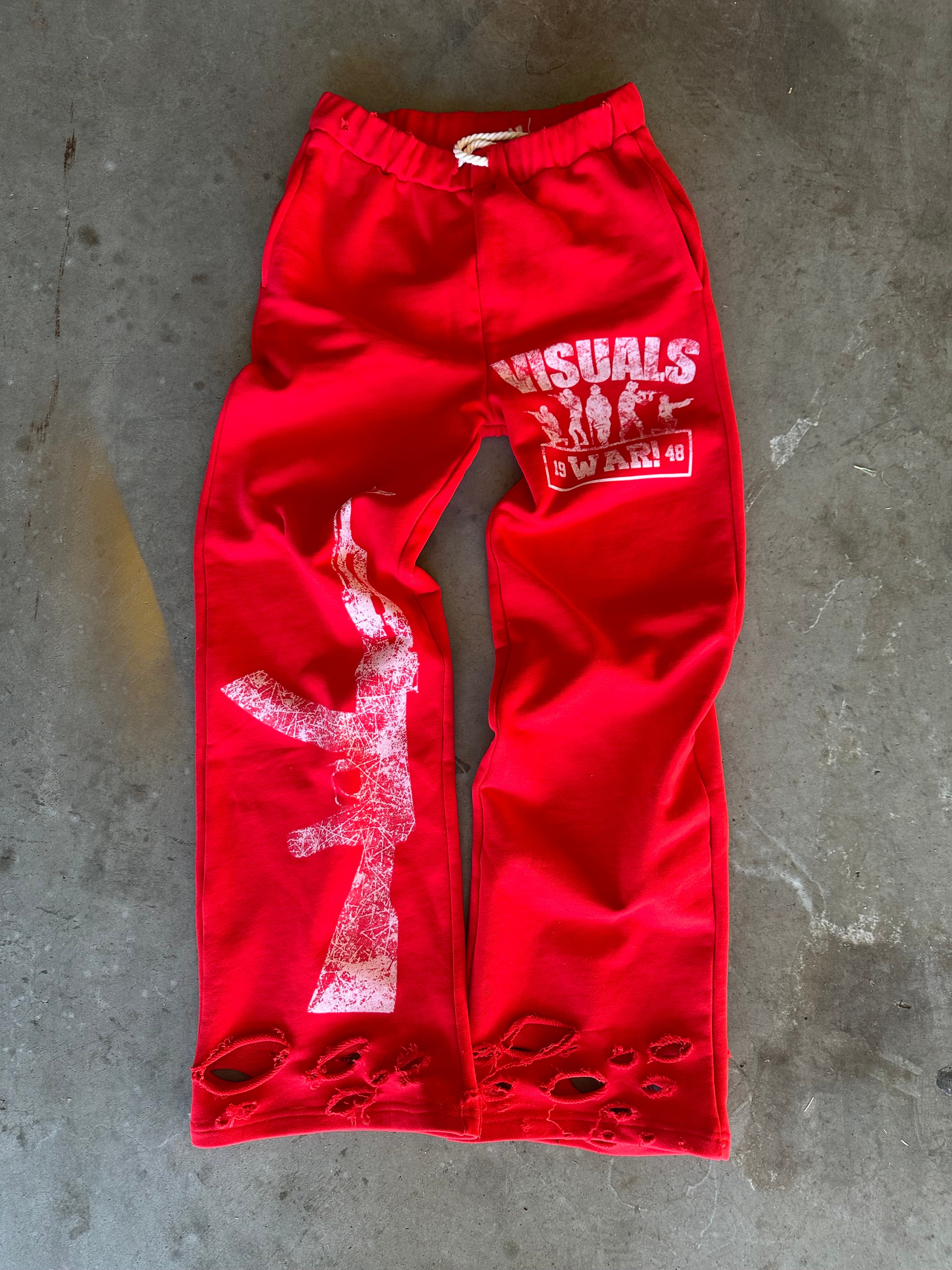 Red ARMY DESTRESSED HEAVY WEIGHT PANTS