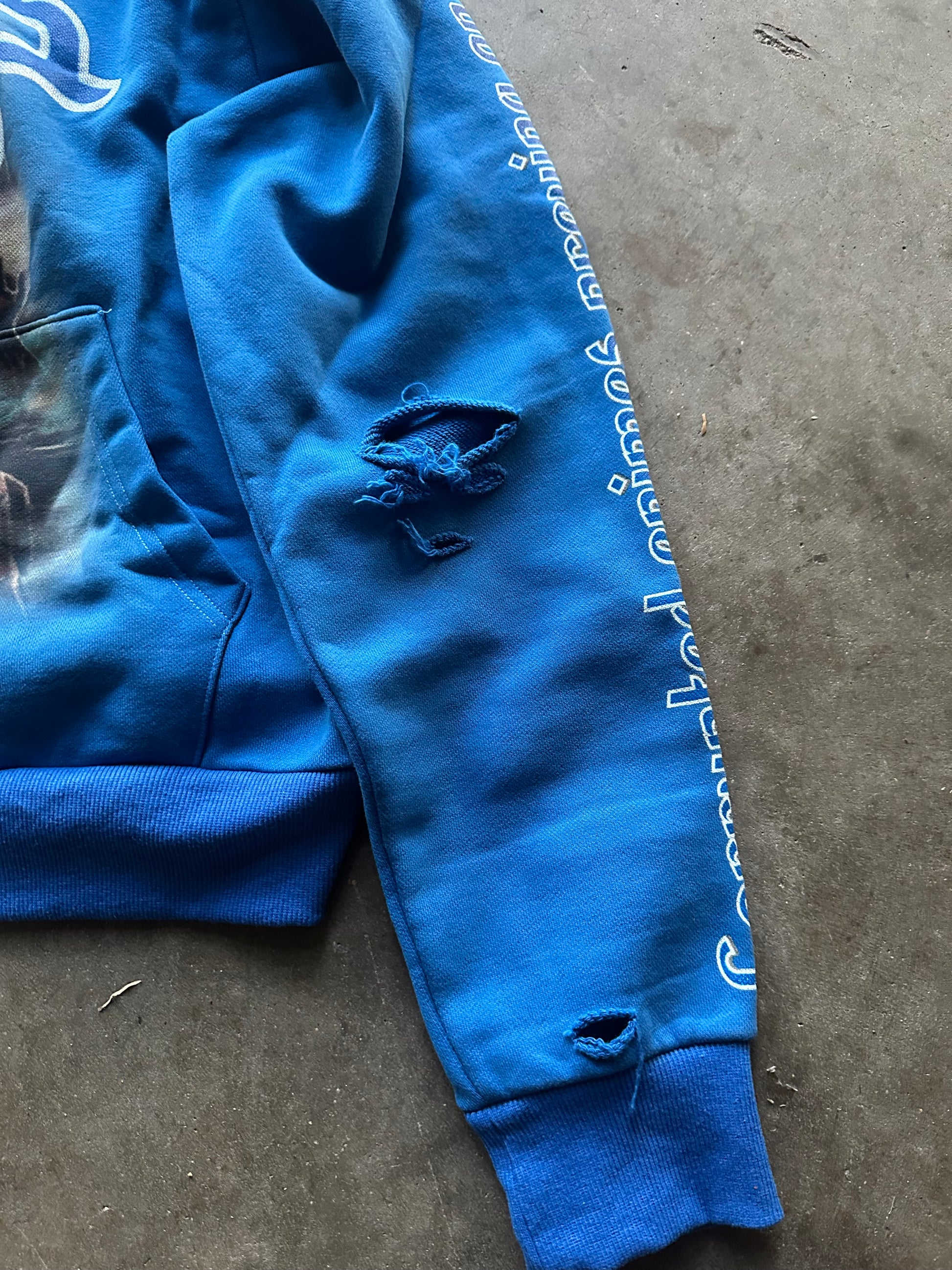"ENIMIES PREYING ON THE WEAK" BLUE HOODIE